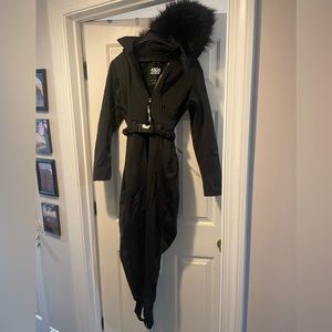 ASOS black ski suit, fluffy hood and stretchy, size 6